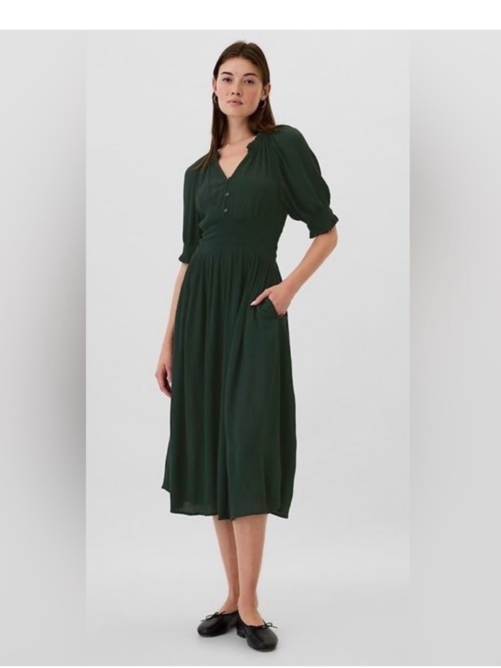 GAP Smocked Splitneck Midi Dress Forest Green Size XLโ NWT Fall Fashion